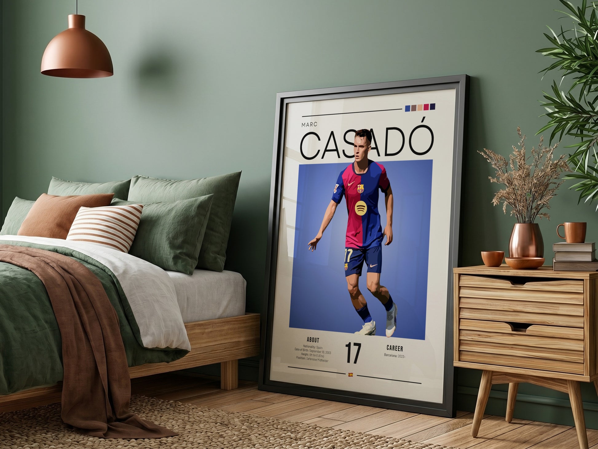 Illustration of Marc Casadó in vibrant colors, sports art print showcasing dynamic movement and modern design.