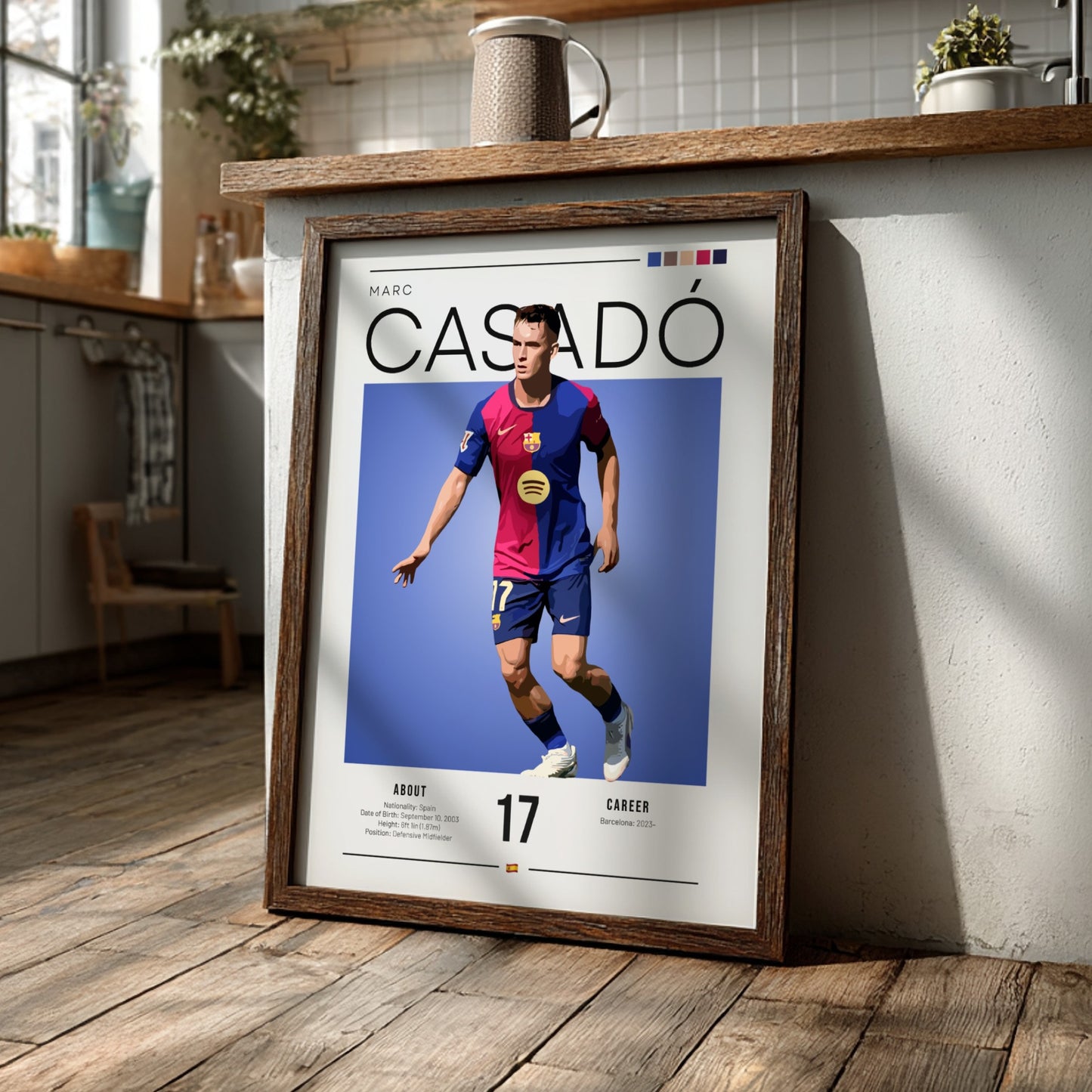 Illustration of Marc Casadó in vibrant colors, sports art print showcasing dynamic movement and modern design.