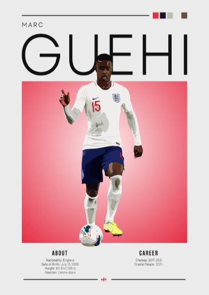Marc Guehi poster showcasing England national team football player in vibrant colors and modern design