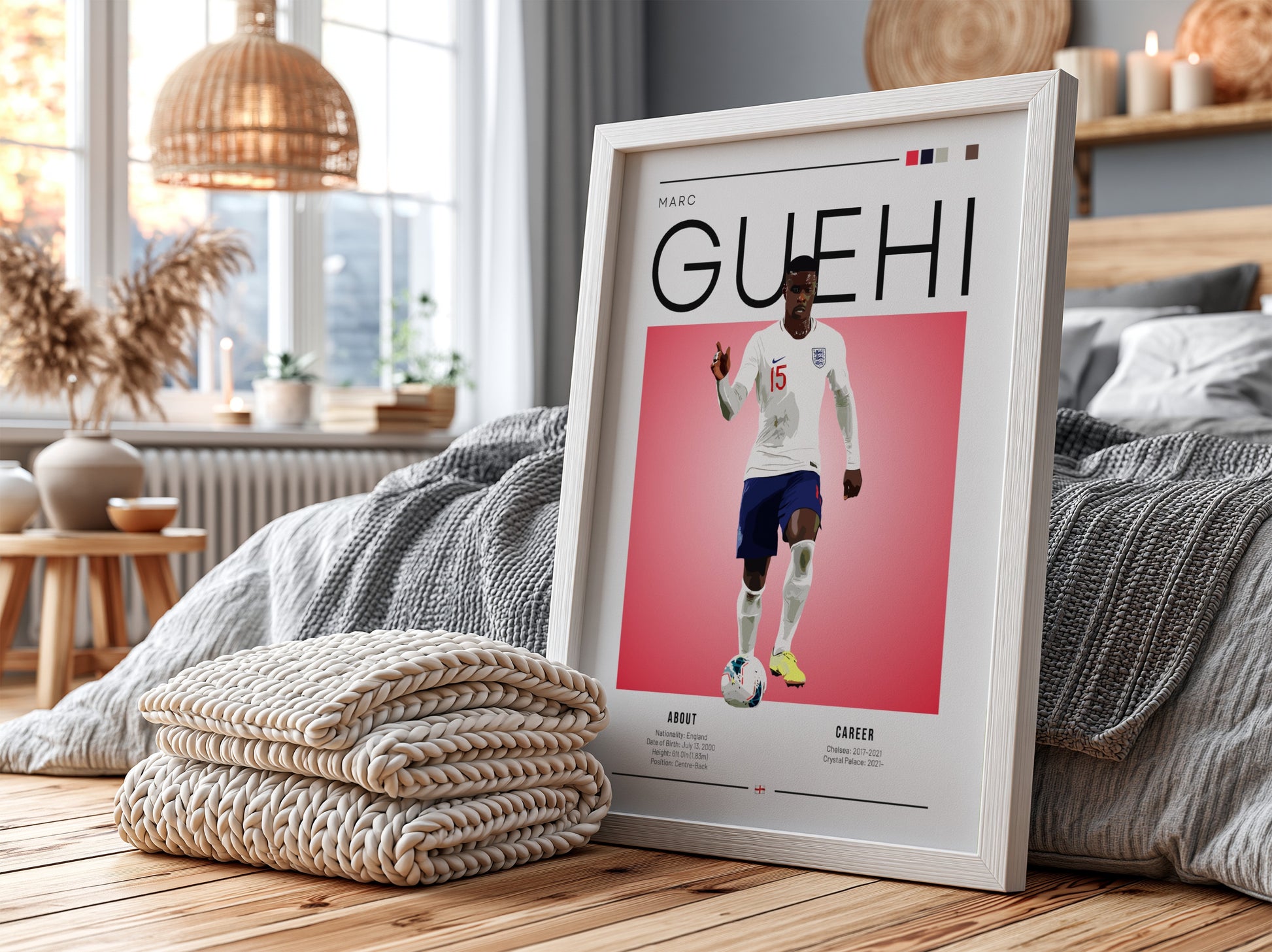 Marc Guehi poster showcasing England national team football player in vibrant colors and modern design