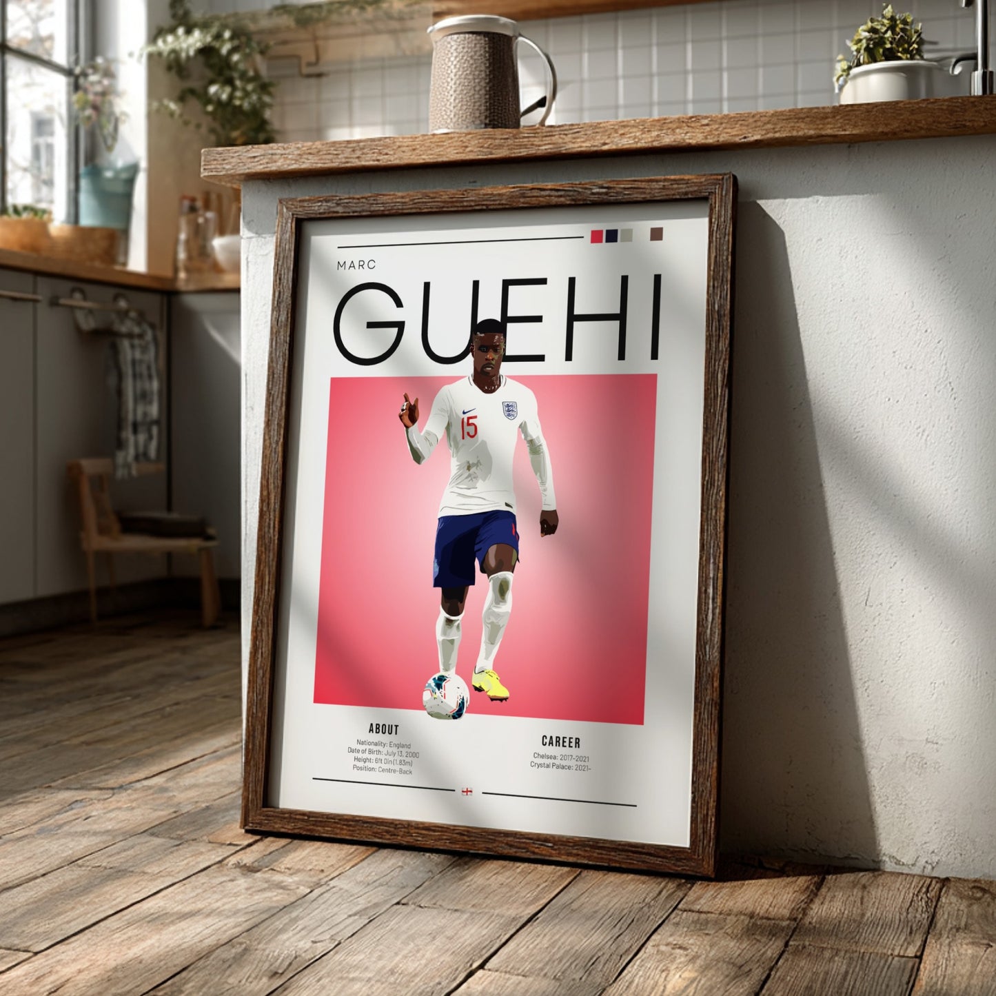 Marc Guehi poster showcasing England national team football player in vibrant colors and modern design