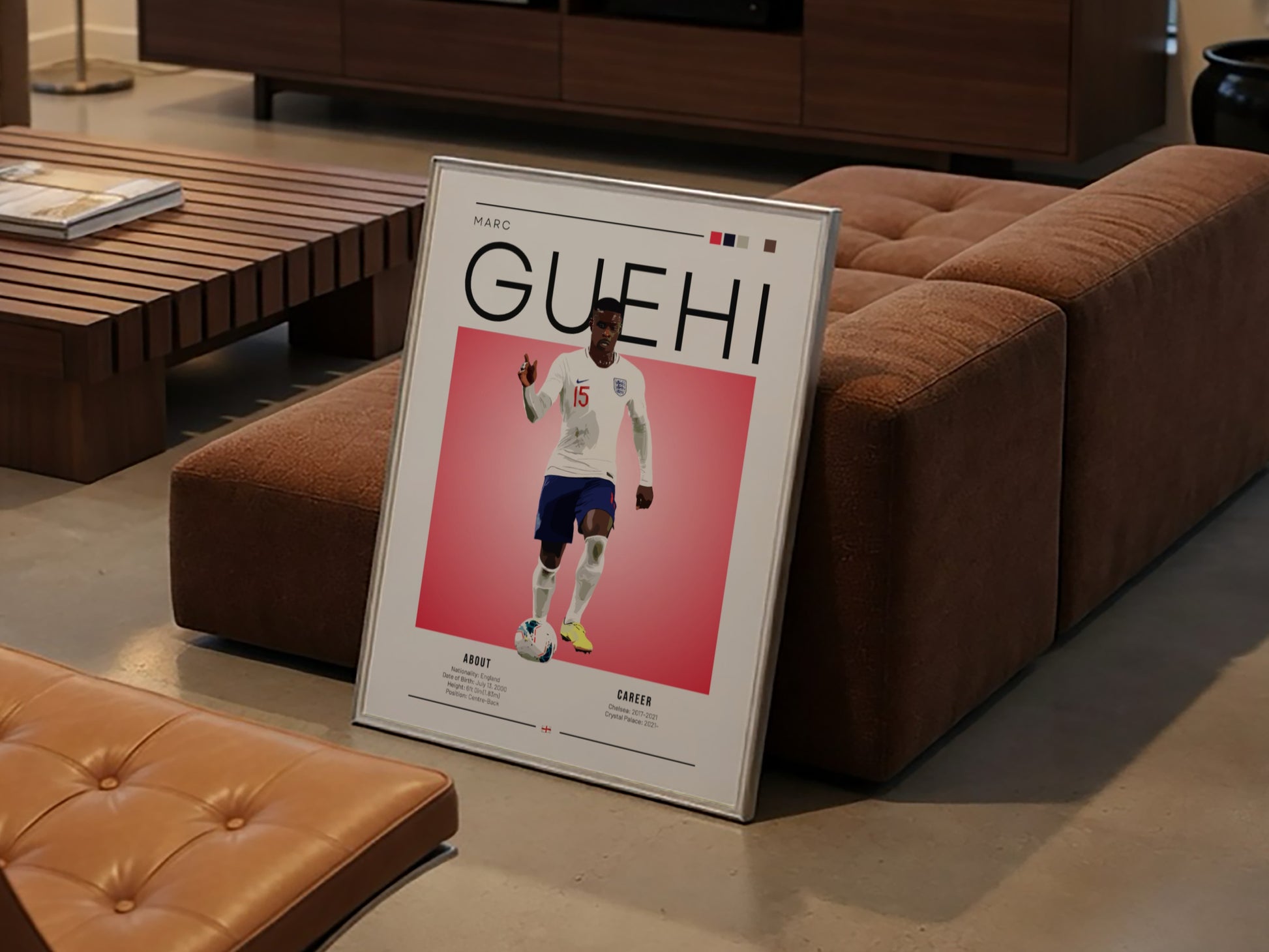 Marc Guehi poster showcasing England national team football player in vibrant colors and modern design