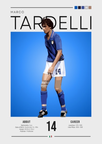 Marco Tardelli poster featuring vibrant blue jersey and minimalist design, celebrating Italian football