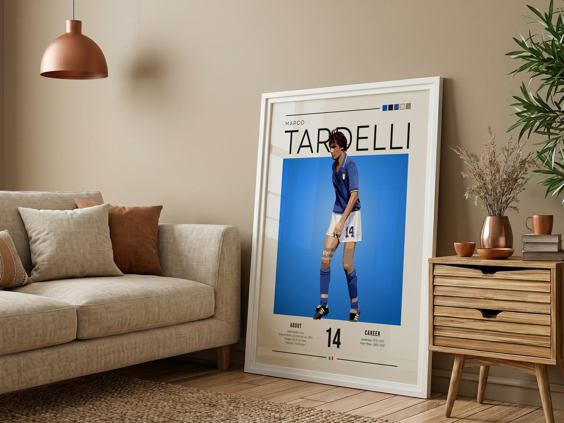 Marco Tardelli poster featuring vibrant blue jersey and minimalist design, celebrating Italian football