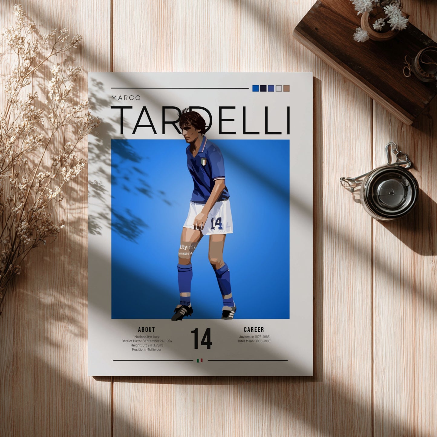 Marco Tardelli poster featuring vibrant blue jersey and minimalist design, celebrating Italian football