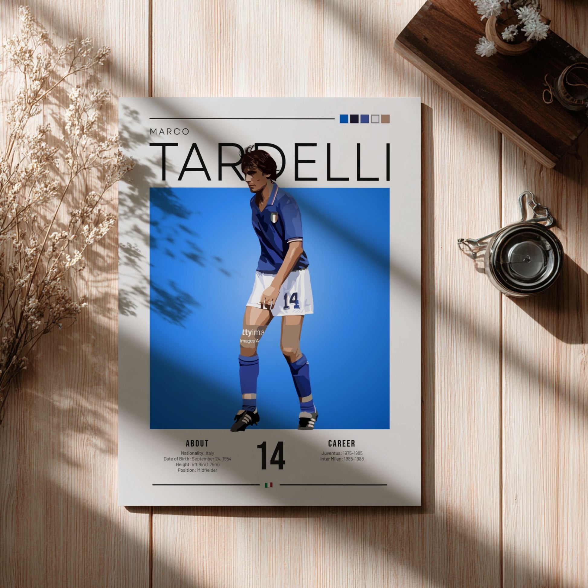 Marco Tardelli poster featuring vibrant blue jersey and minimalist design, celebrating Italian football