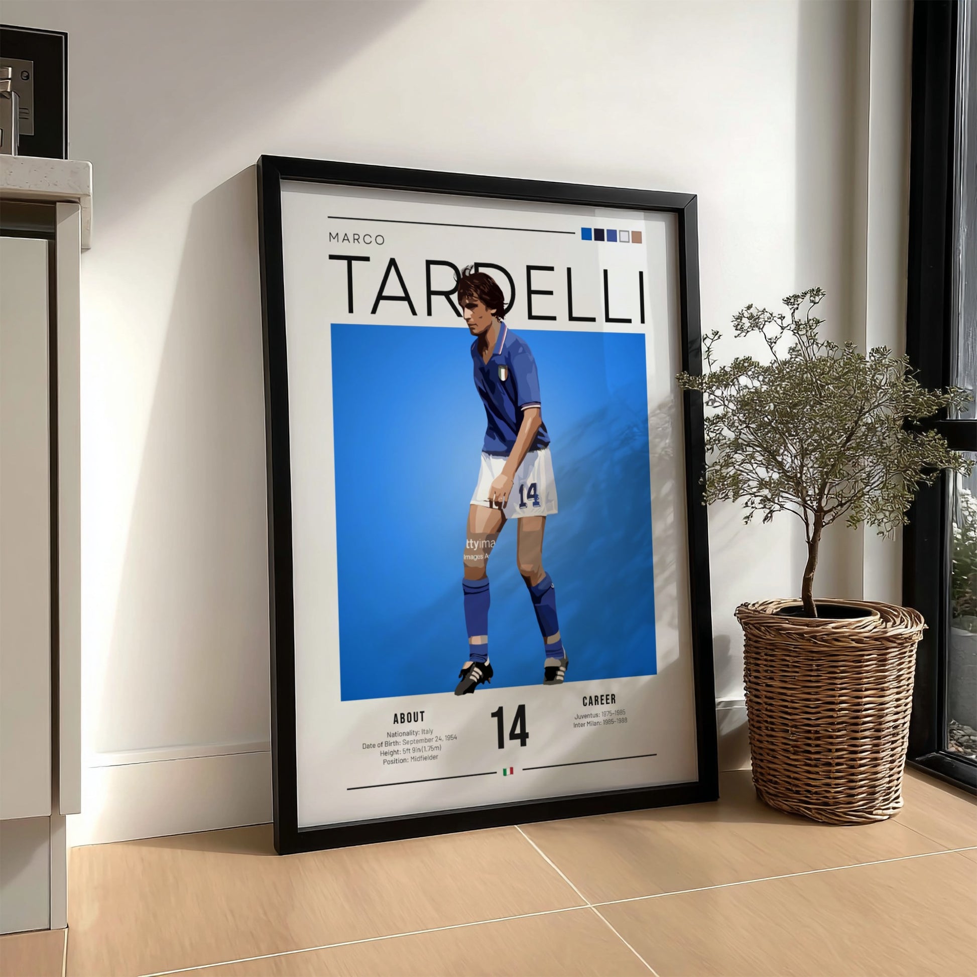 Marco Tardelli poster featuring vibrant blue jersey and minimalist design, celebrating Italian football