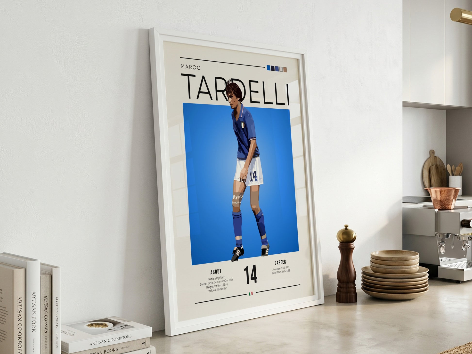 Marco Tardelli poster featuring vibrant blue jersey and minimalist design, celebrating Italian football