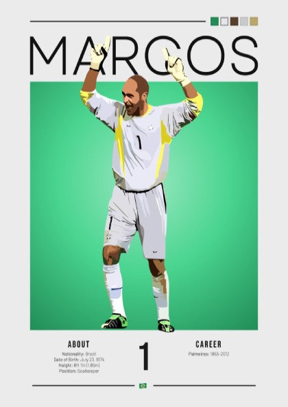 Marcos Brazil football player modern art print featuring vibrant colors and dynamic pose