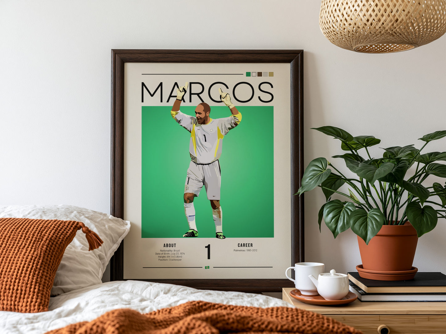 Marcos Brazil football player modern art print featuring vibrant colors and dynamic pose