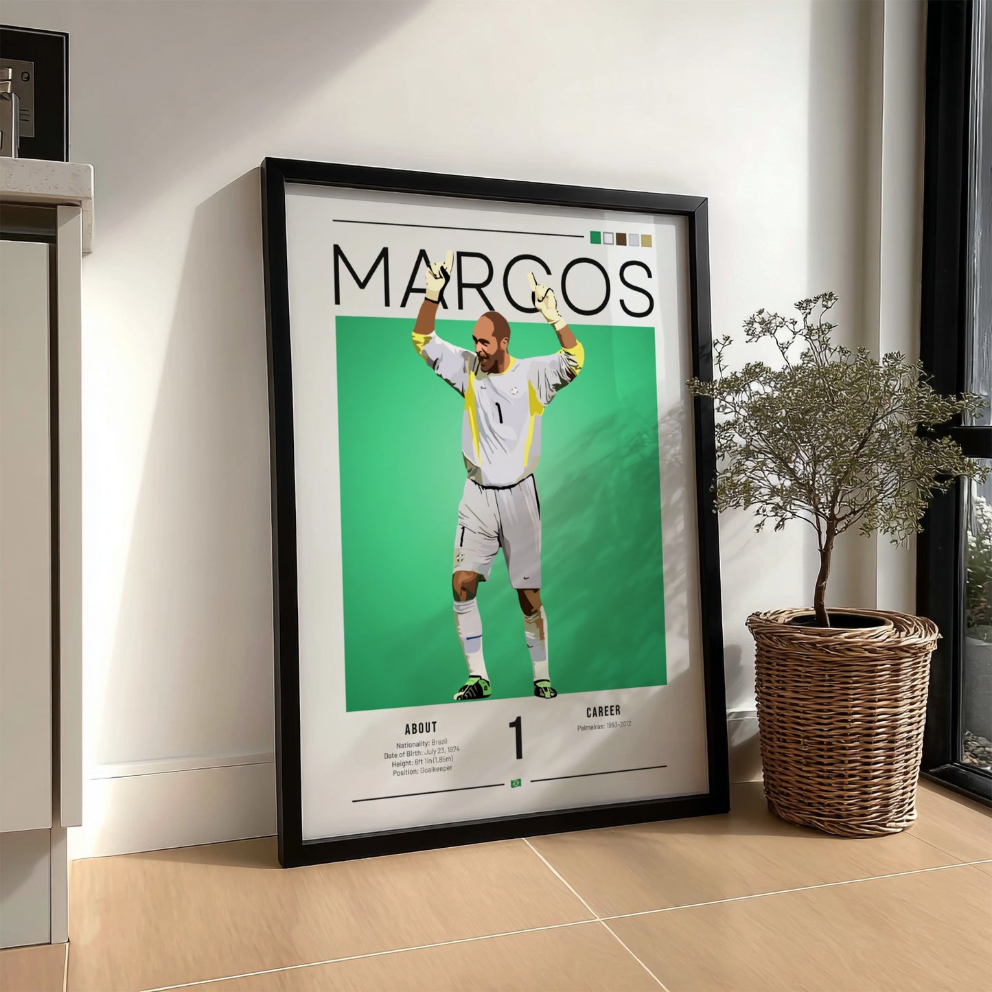 Marcos Brazil football player modern art print featuring vibrant colors and dynamic pose