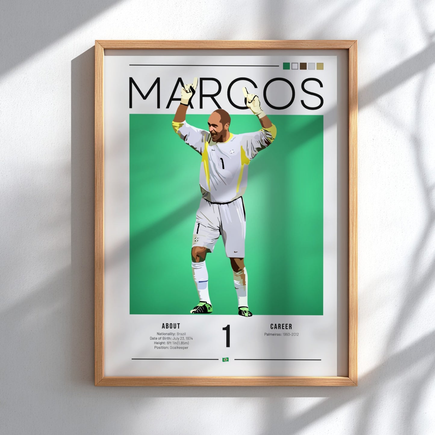 Marcos Brazil football player modern art print featuring vibrant colors and dynamic pose