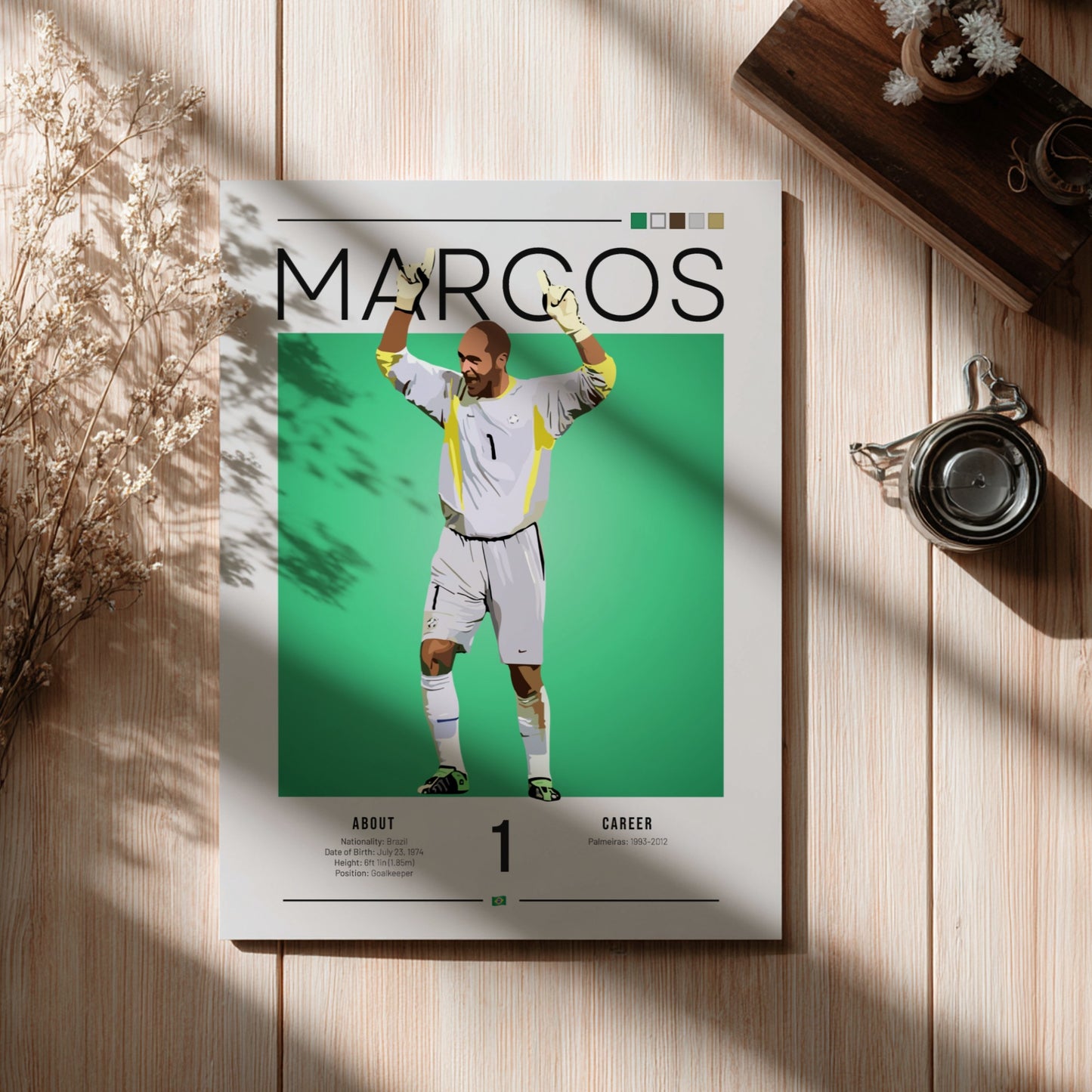 Marcos Brazil football player modern art print featuring vibrant colors and dynamic pose