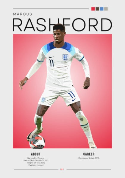 Marcus Rashford poster showcasing England National Team player in vibrant colors and modern design.