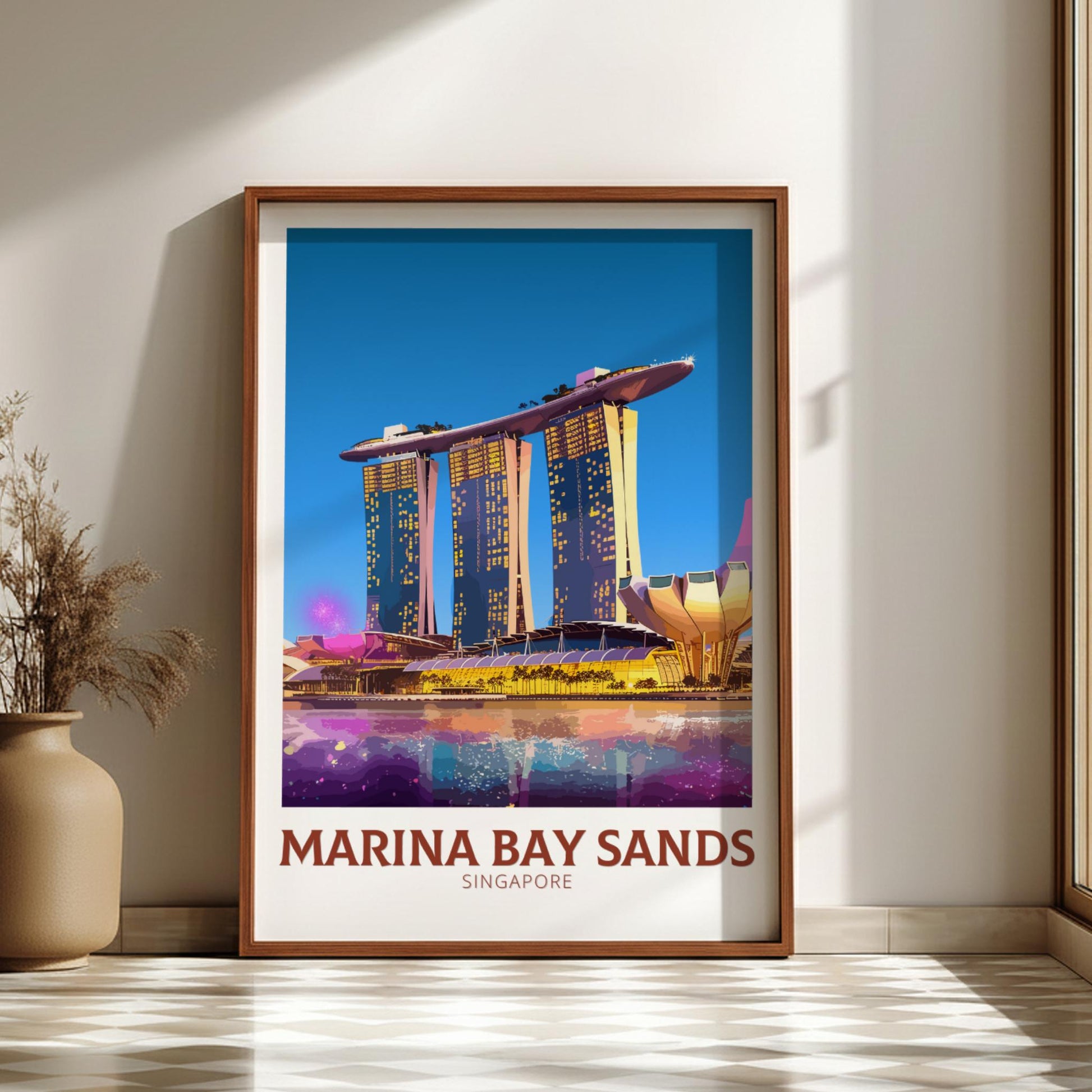 Framed poster of Marina Bay Sands in Singapore on a wall.