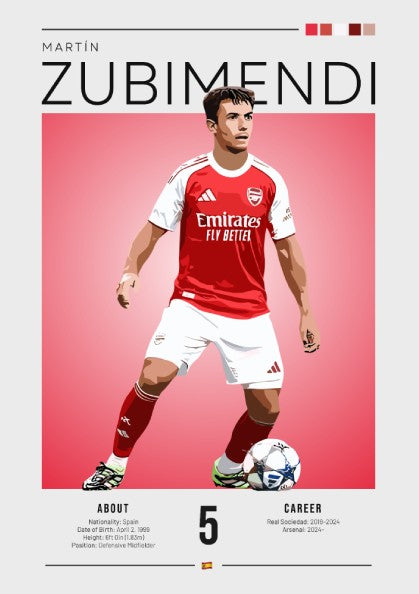 Martín Zubimendi sports illustration artwork featuring vibrant colors and dynamic pose, perfect for wall