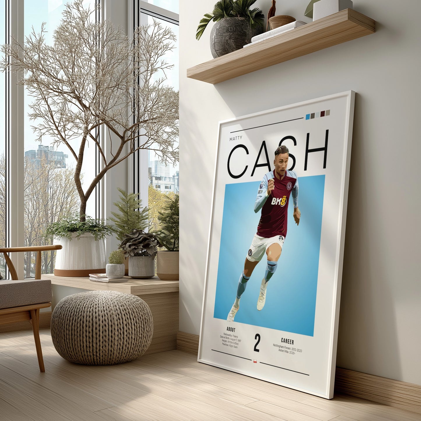 Matty Cash football poster featuring Aston Villa colors and action pose, perfect for sports decor.
