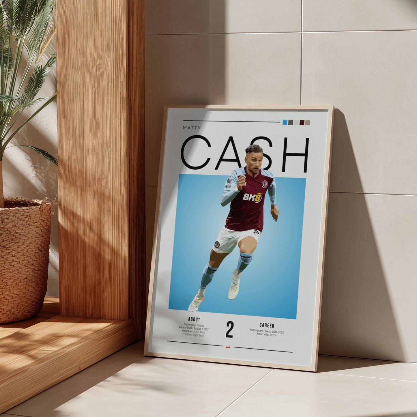 Matty Cash football poster featuring Aston Villa colors and action pose, perfect for sports decor.