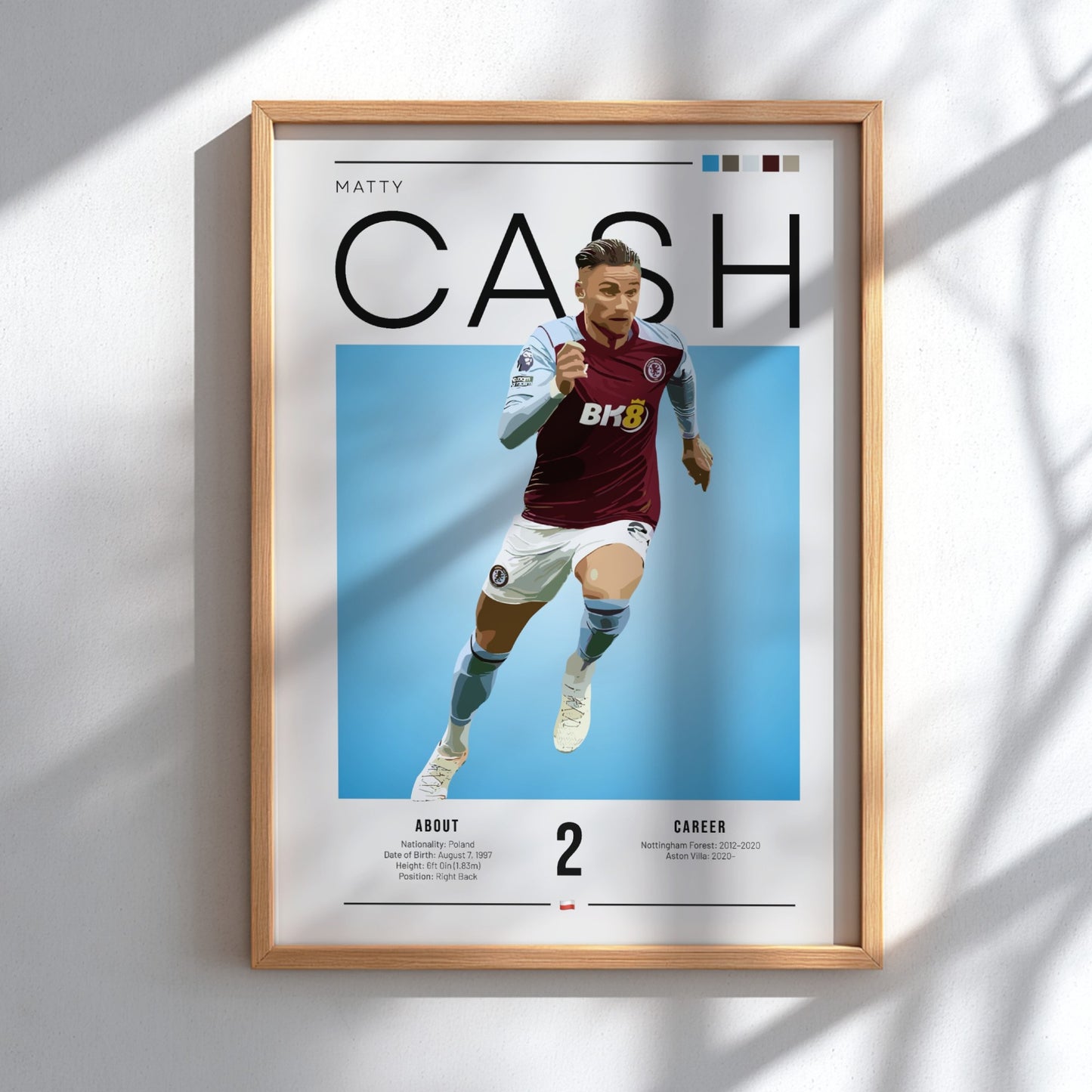 Matty Cash football poster featuring Aston Villa colors and action pose, perfect for sports decor.