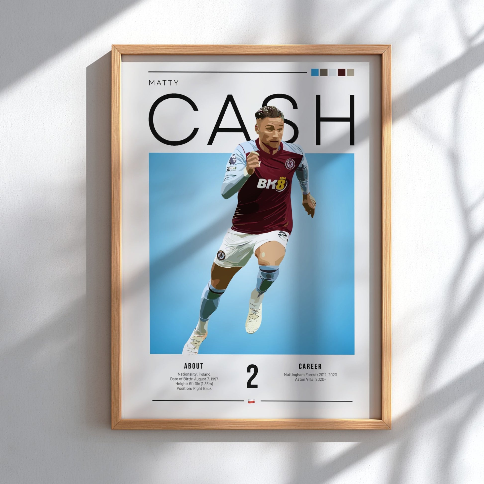 Matty Cash football poster featuring Aston Villa colors and action pose, perfect for sports decor.
