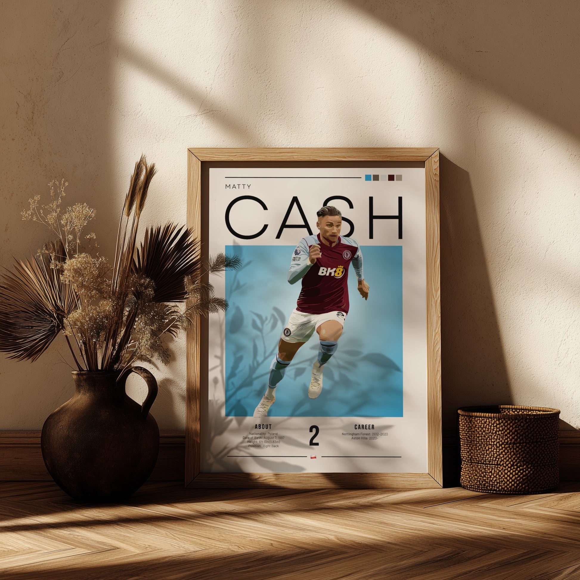 Matty Cash football poster featuring Aston Villa colors and action pose, perfect for sports decor.