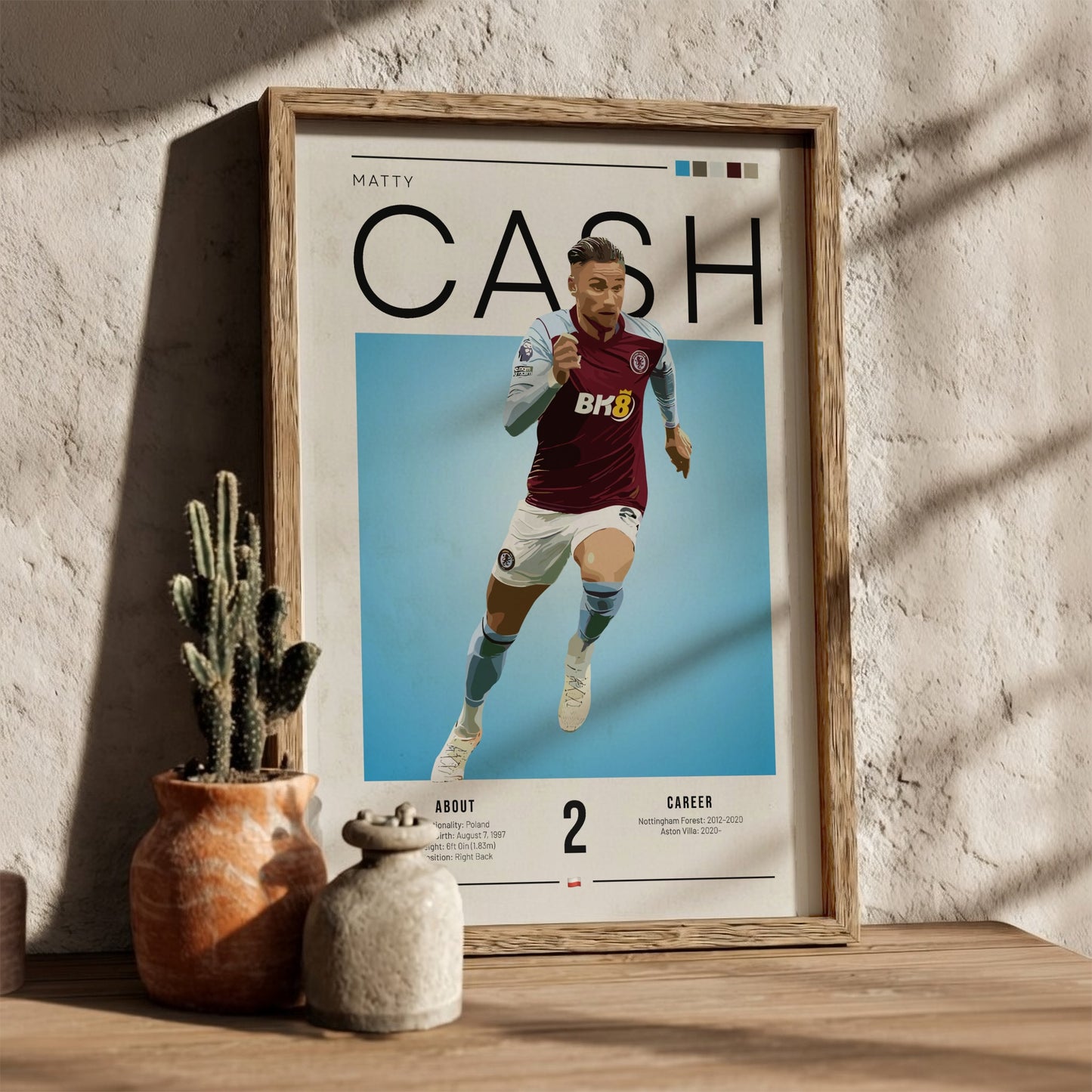 Matty Cash football poster featuring Aston Villa colors and action pose, perfect for sports decor.