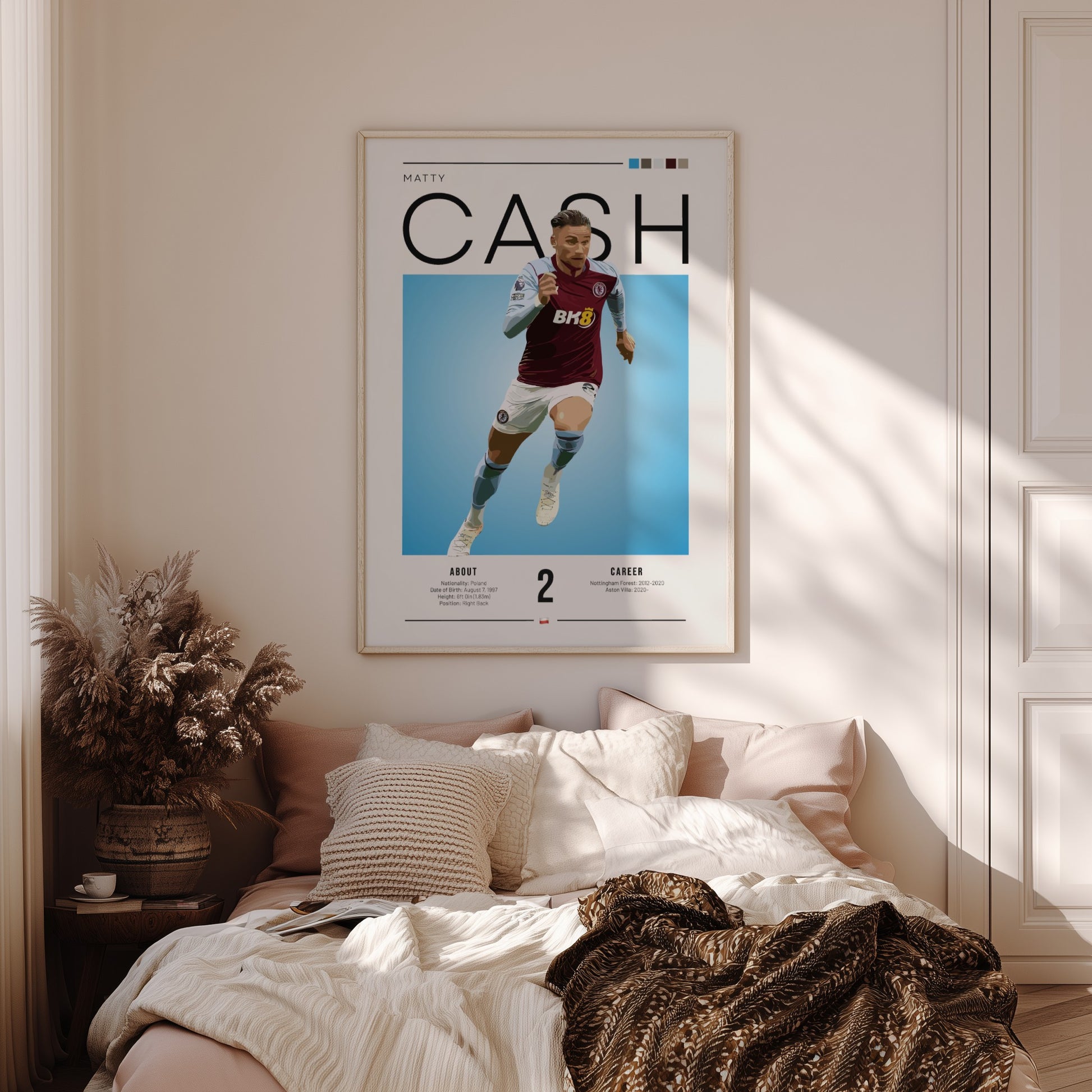 Matty Cash football poster featuring Aston Villa colors and action pose, perfect for sports decor.