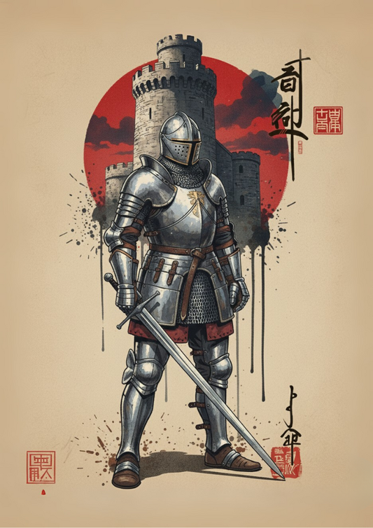 Knight in armor holding a sword with a castle and red sun in the background