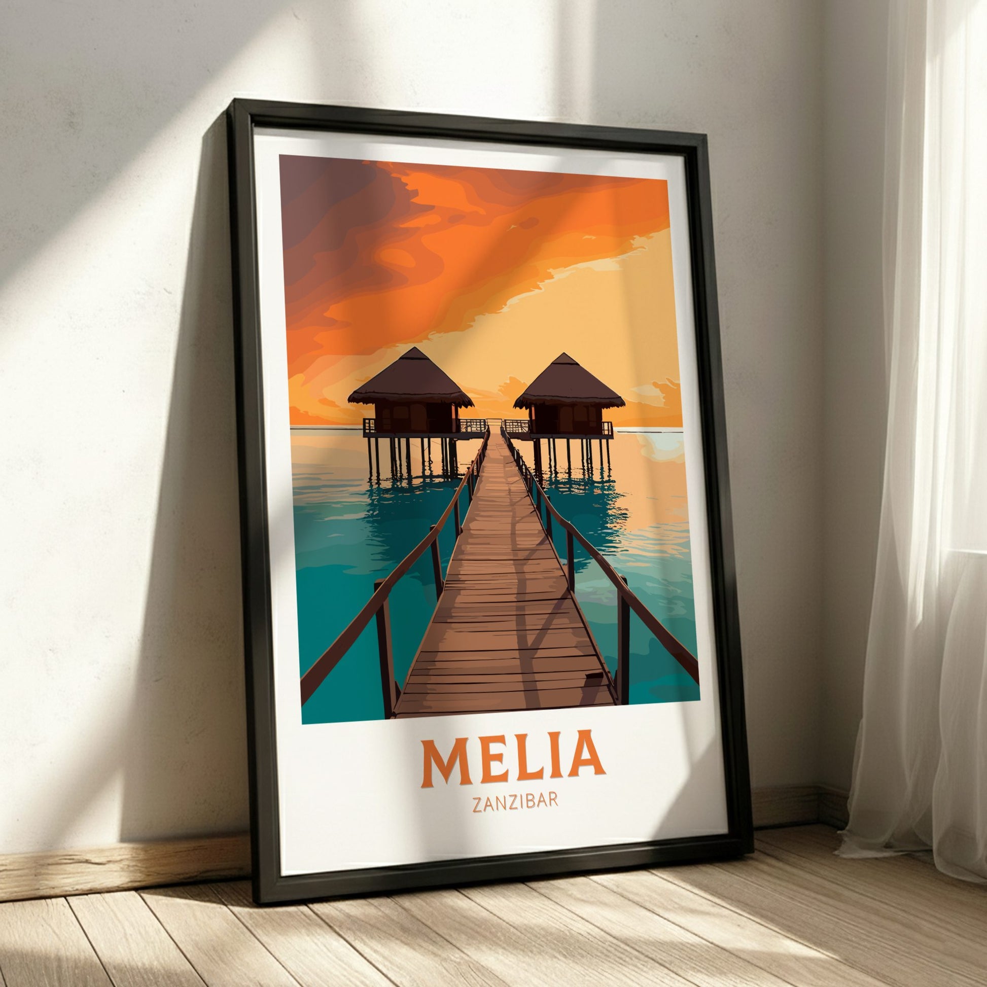 Framed poster of a tropical scene with huts and a dock, featuring the brand 'Melia'.