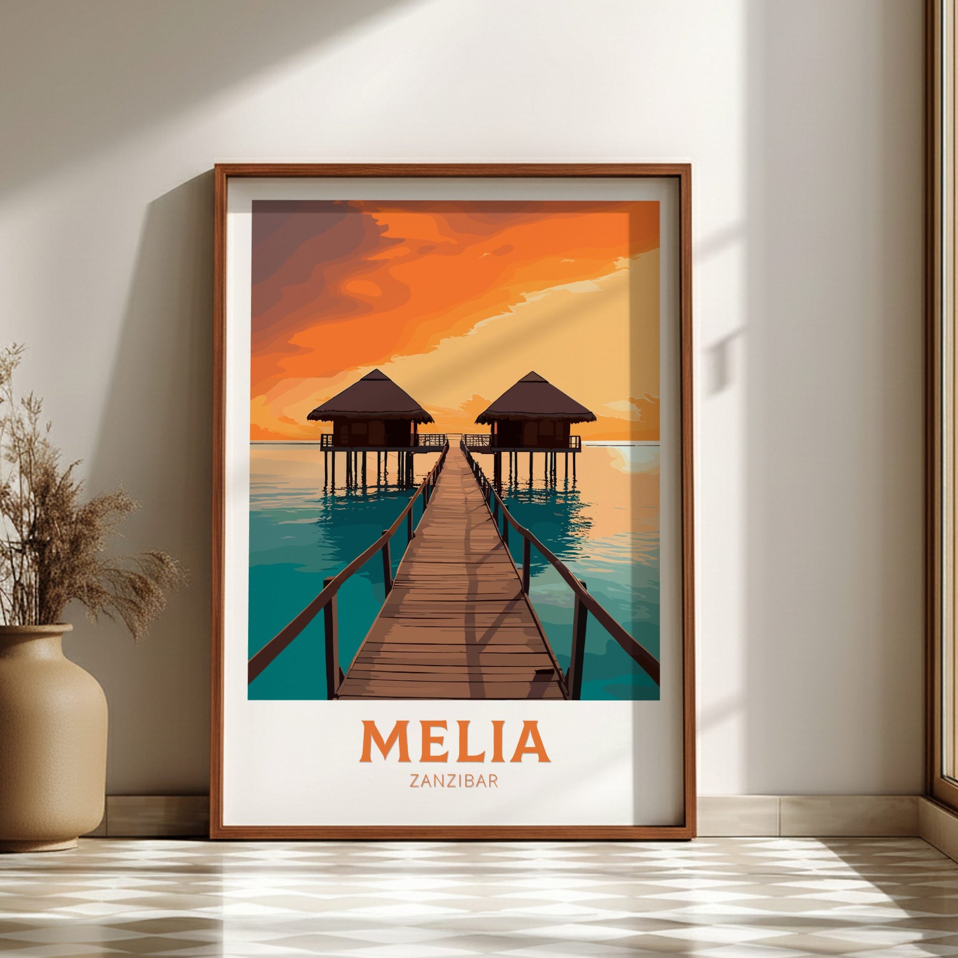 Framed poster of a tropical scene with huts and a dock, featuring the brand 'Melia Zanzibar'.