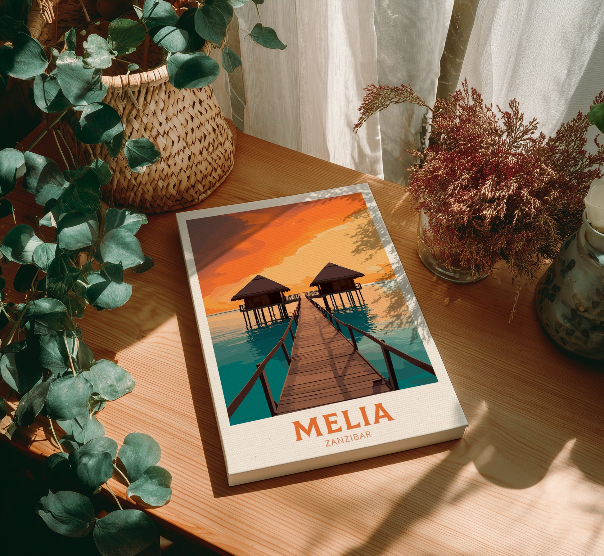 Canvas with Melia Zanzibar on a wooden table with plants
