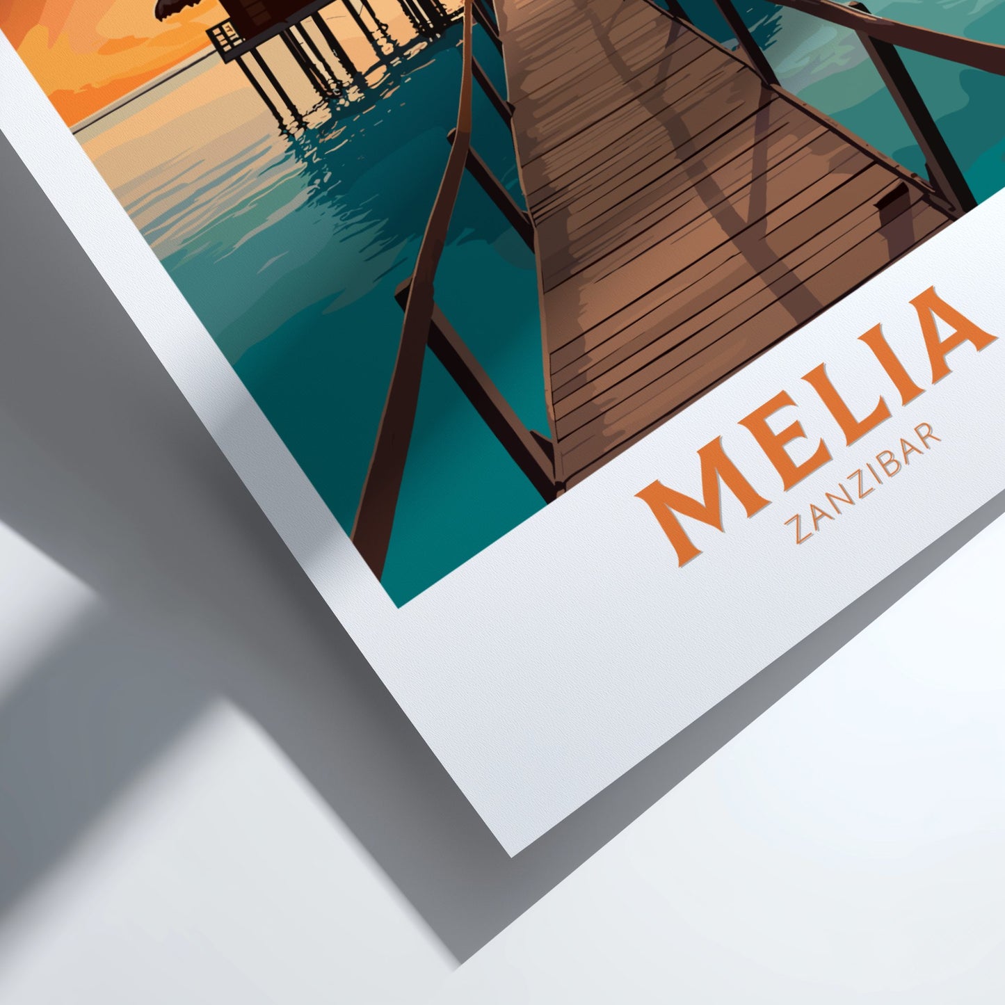 Poster of a wooden dock over water with 'Melia Zanzibar' branding.
