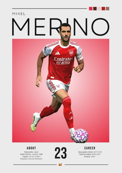 Mikel Merino poster featuring vibrant colors and dynamic football action illustration
