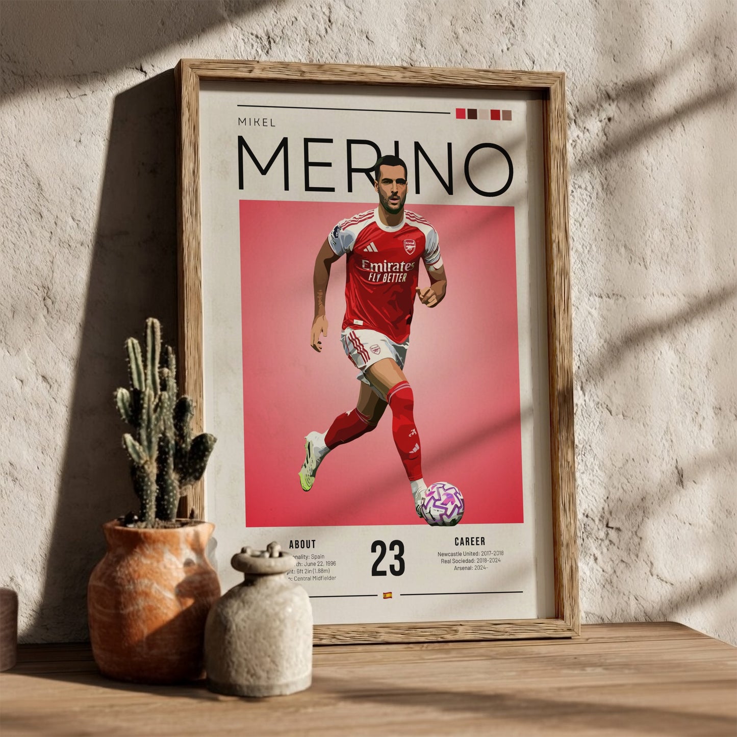 Mikel Merino poster featuring vibrant colors and dynamic football action illustration