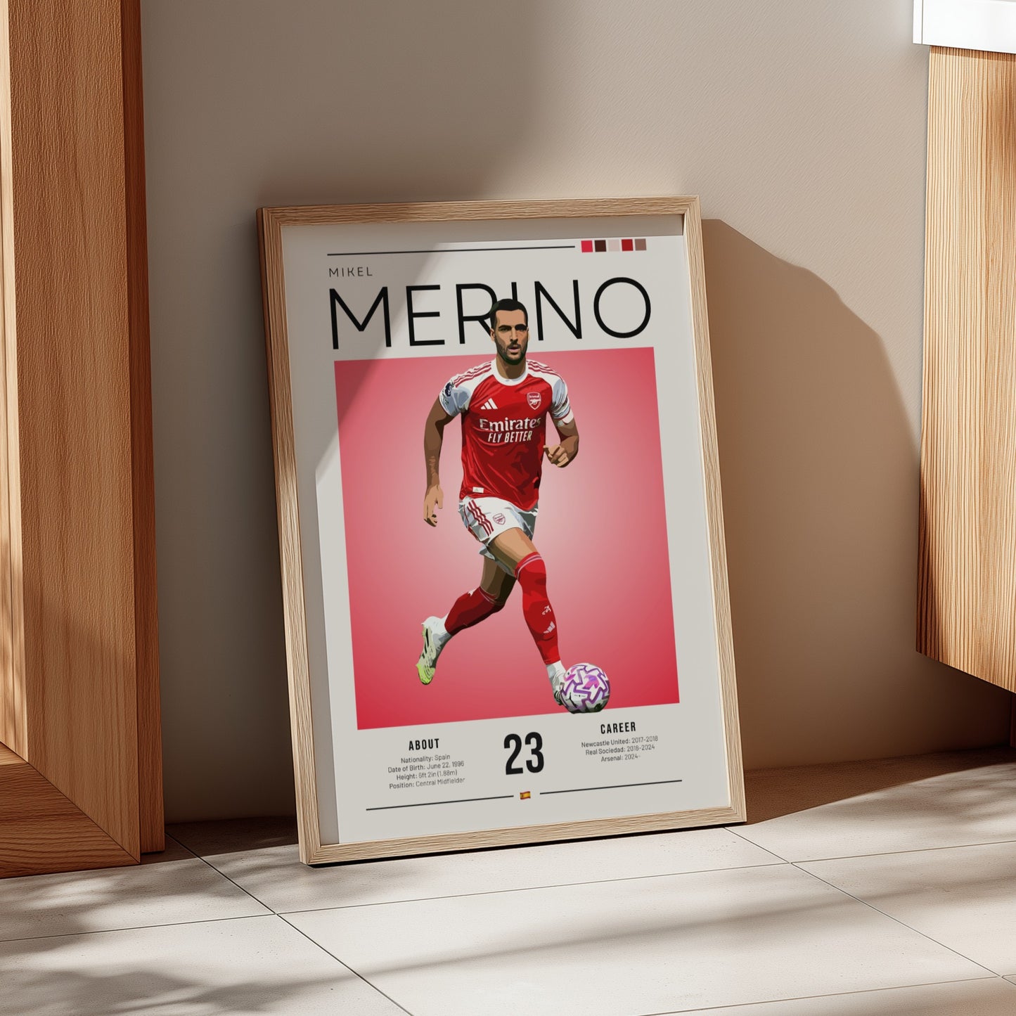 Mikel Merino poster featuring vibrant colors and dynamic football action illustration