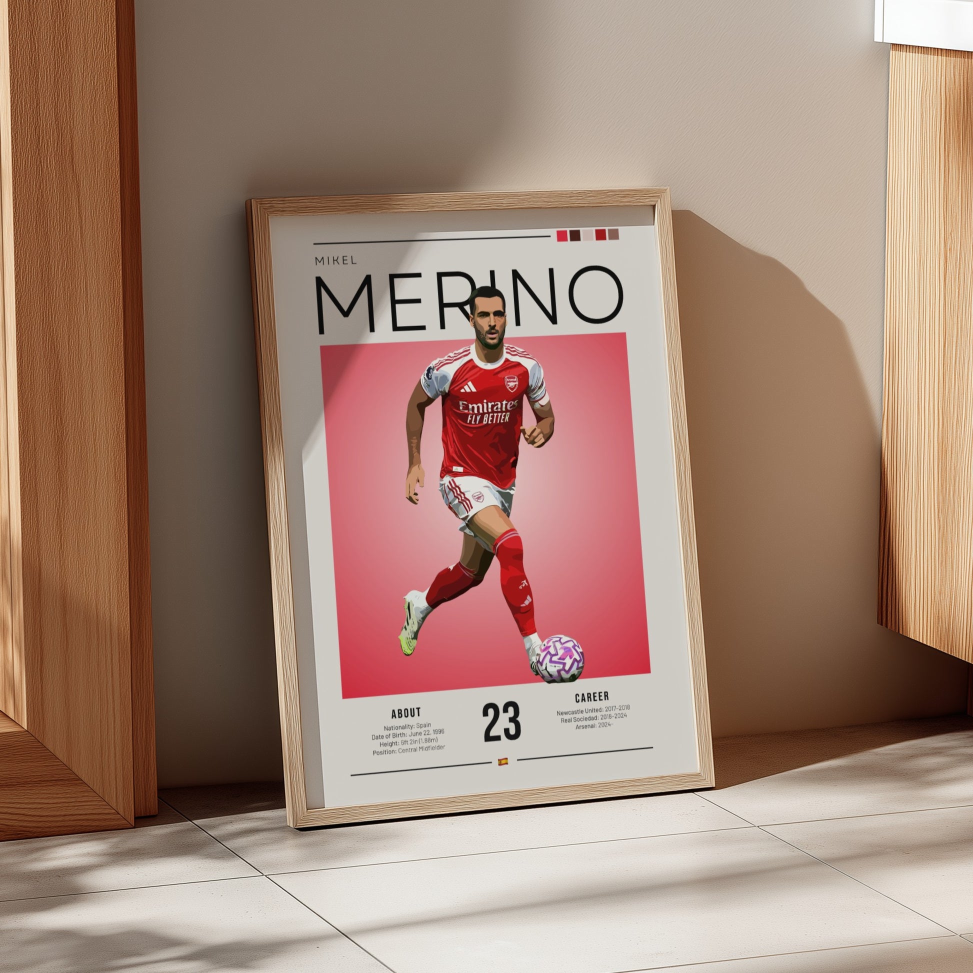 Mikel Merino poster featuring vibrant colors and dynamic football action illustration