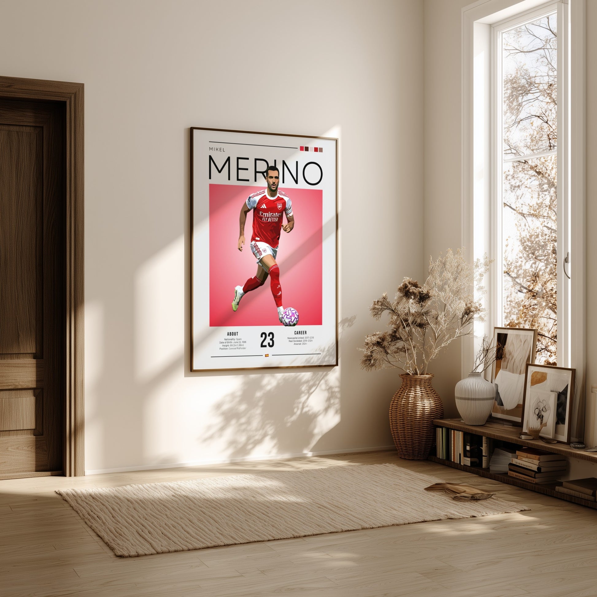 Mikel Merino poster featuring vibrant colors and dynamic football action illustration