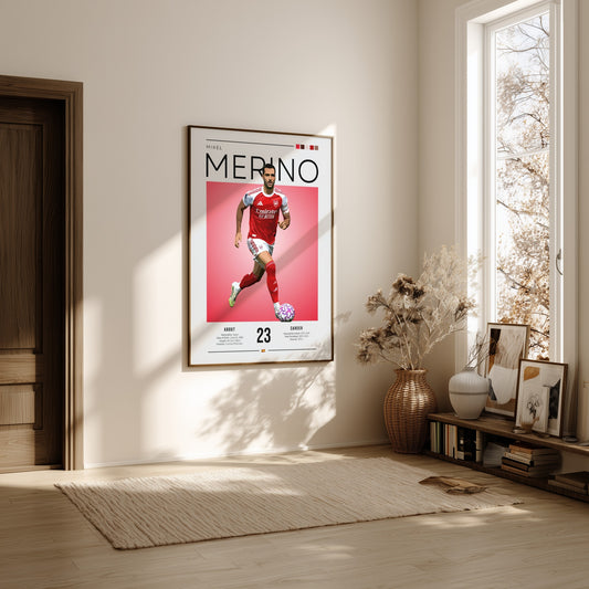 Mikel Merino poster featuring vibrant colors and dynamic football action illustration