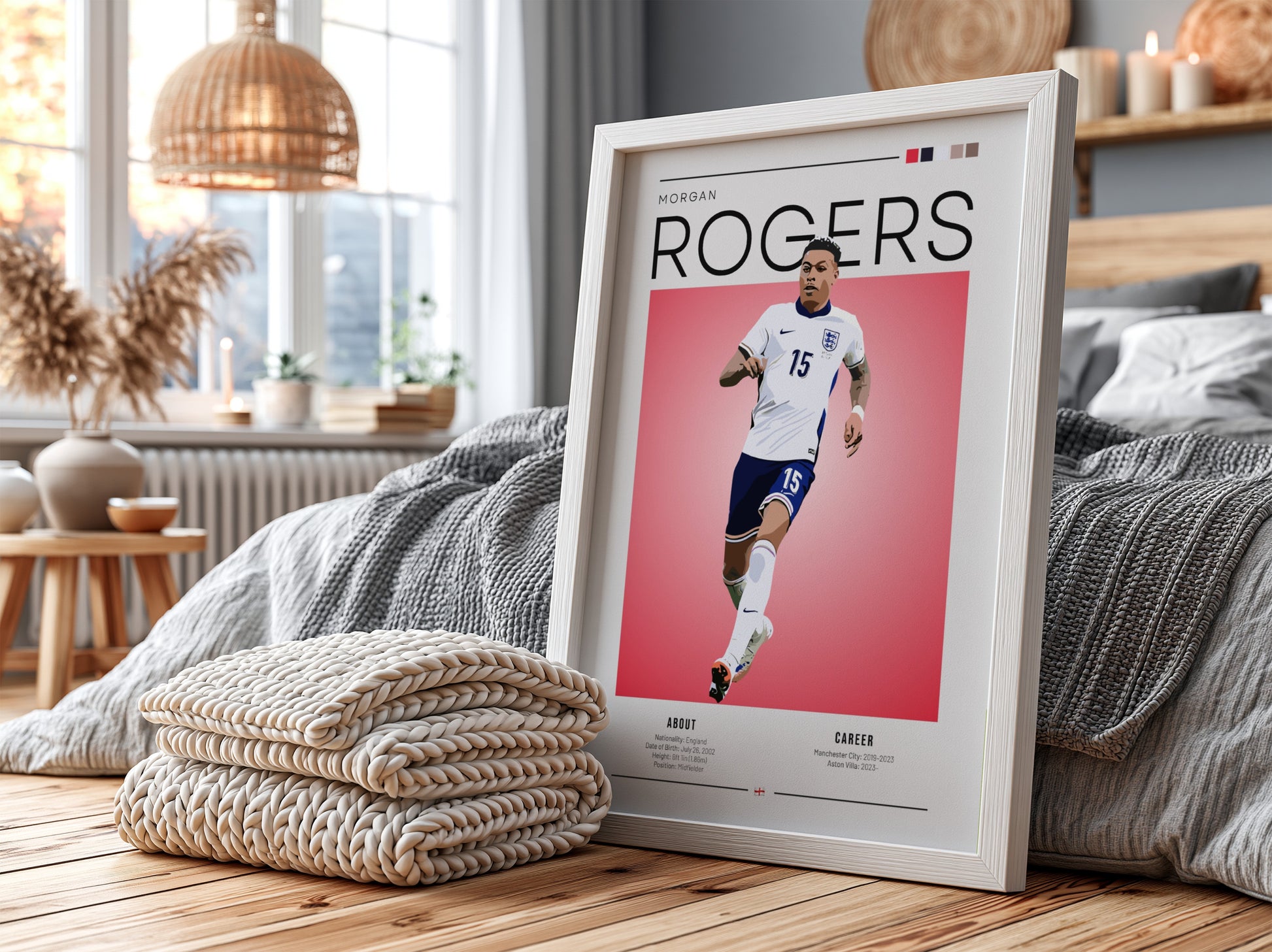 Morgan Rogers poster featuring England National Team, vibrant colors, modern design, dynamic football artwork