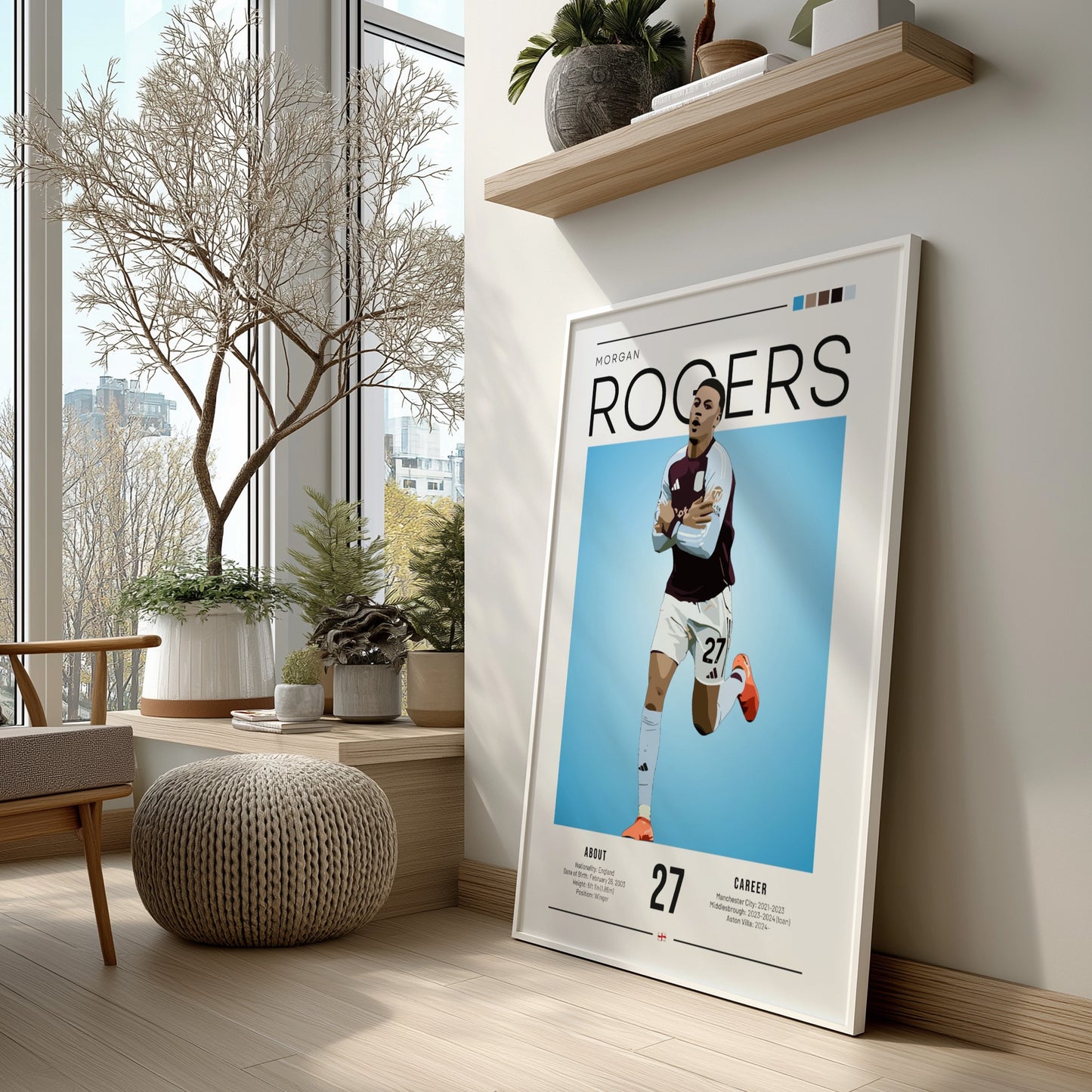 Morgan Rogers football poster featuring Aston Villa shirt, vibrant colors and modern design, perfect for