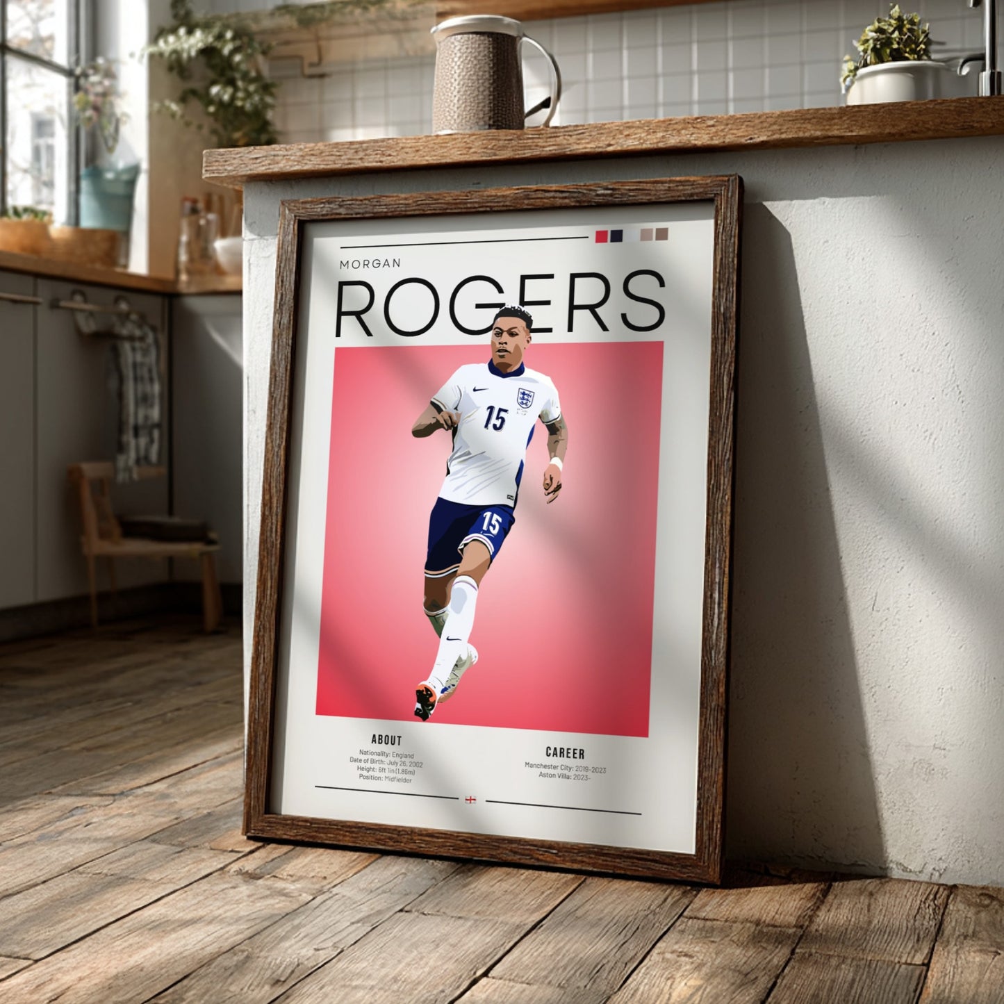 Morgan Rogers poster featuring England National Team, vibrant colors, modern design, dynamic football artwork