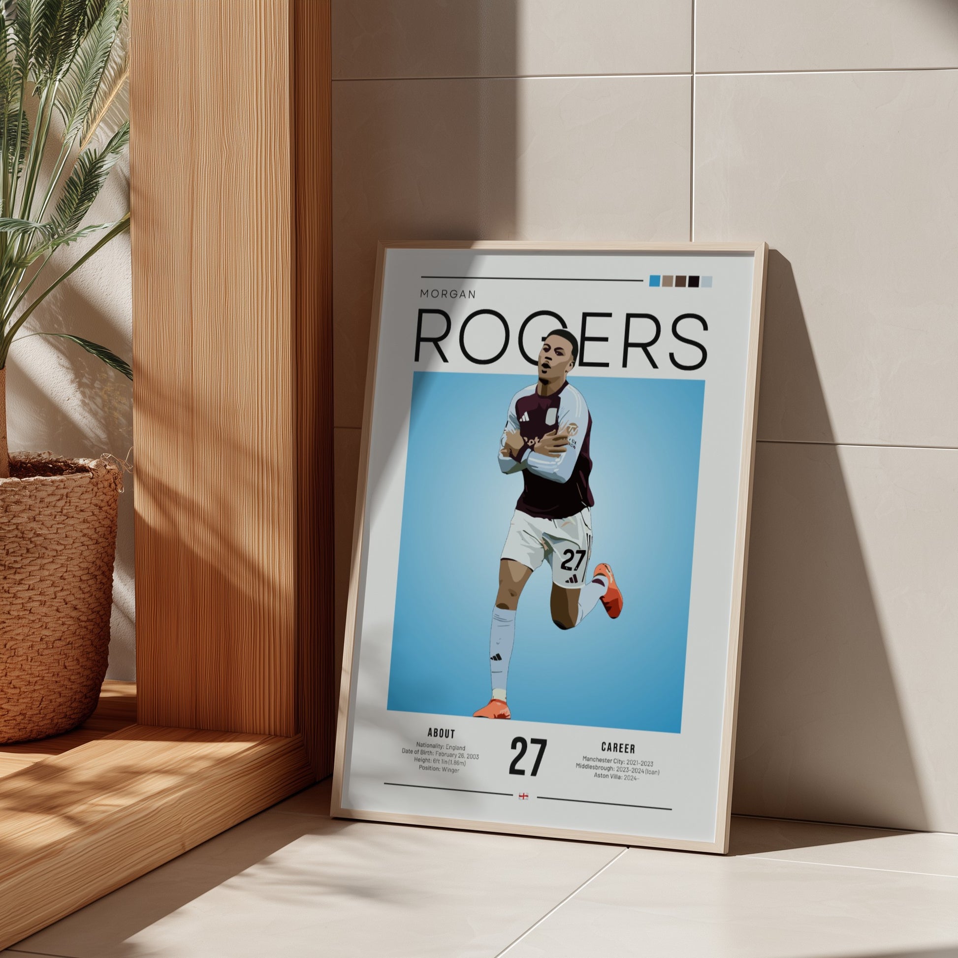 Morgan Rogers football poster featuring Aston Villa shirt, vibrant colors and modern design, perfect for