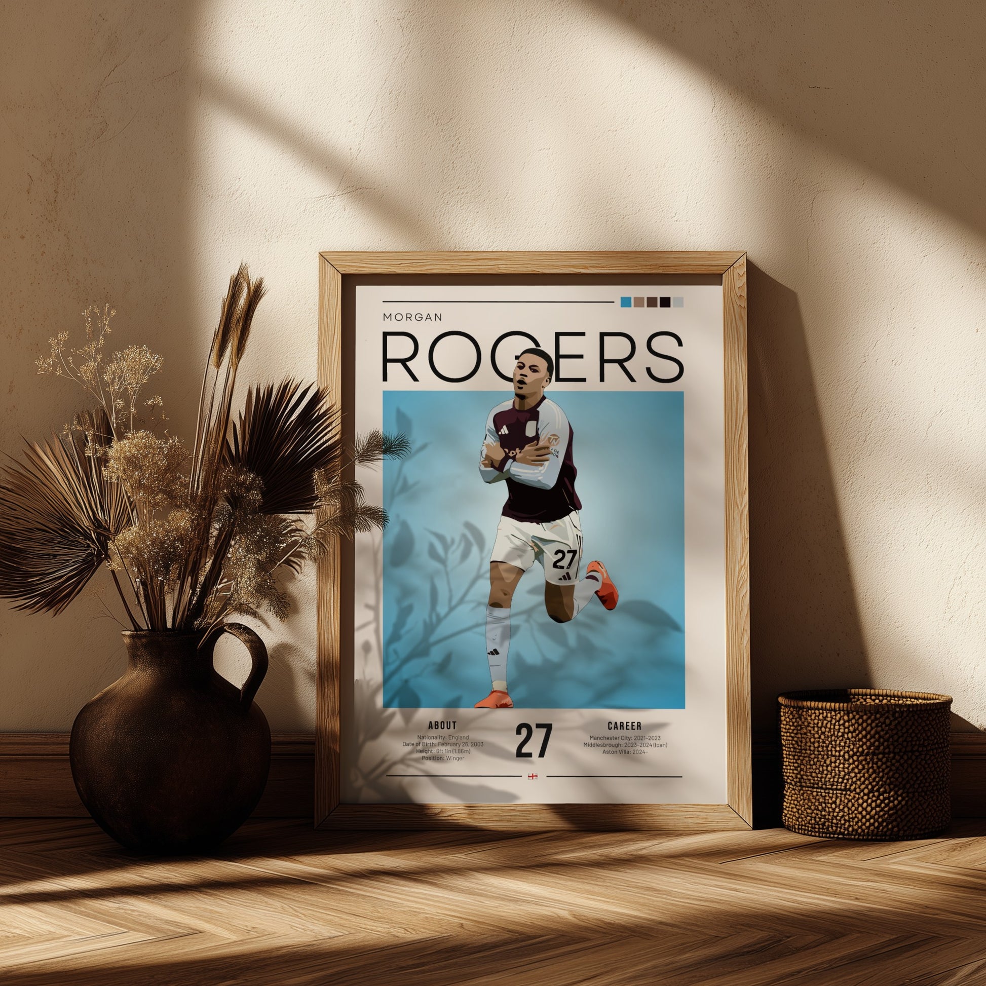 Morgan Rogers football poster featuring Aston Villa shirt, vibrant colors and modern design, perfect for