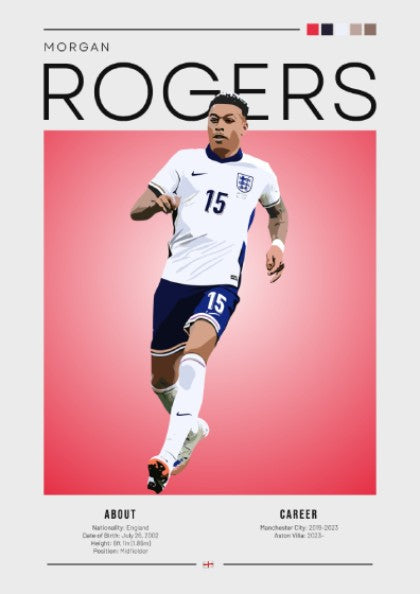 Morgan Rogers poster featuring England National Team, vibrant colors, modern design, dynamic football artwork