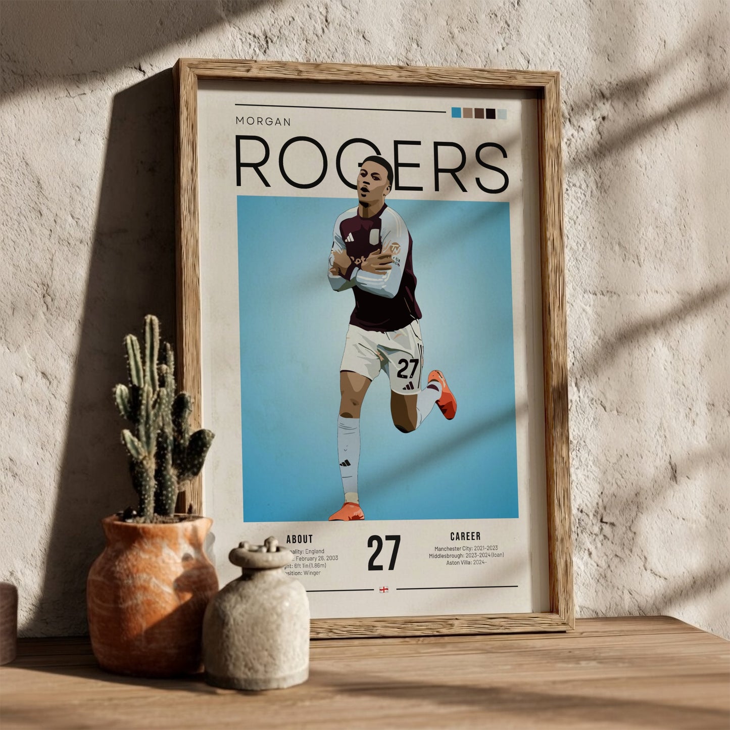 Morgan Rogers football poster featuring Aston Villa shirt, vibrant colors and modern design, perfect for