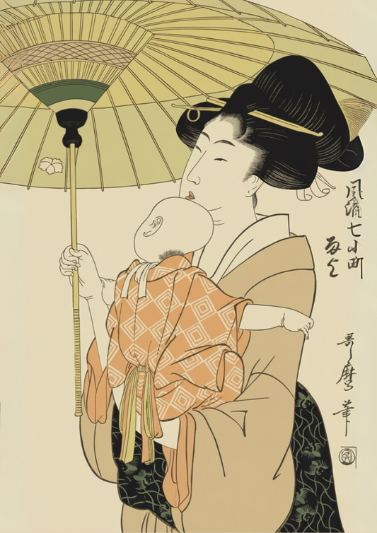 Traditional Japanese illustration of a woman holding an umbrella and a baby.