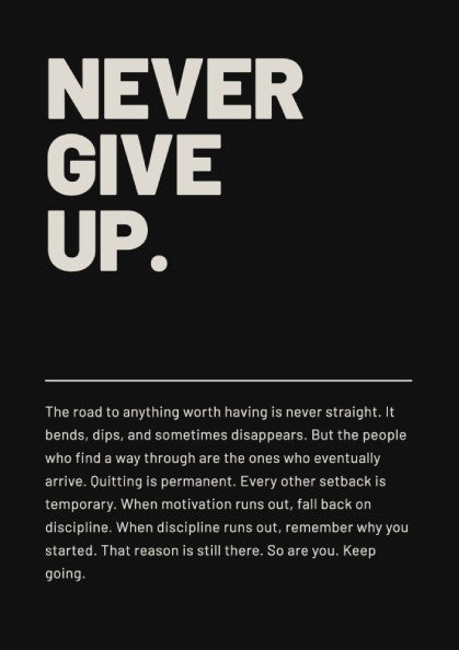 Motivational poster with bold typography on a black background, inspirational wall art for home decor