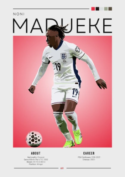 Noni Madueke poster featuring England National Team colors and dynamic action style