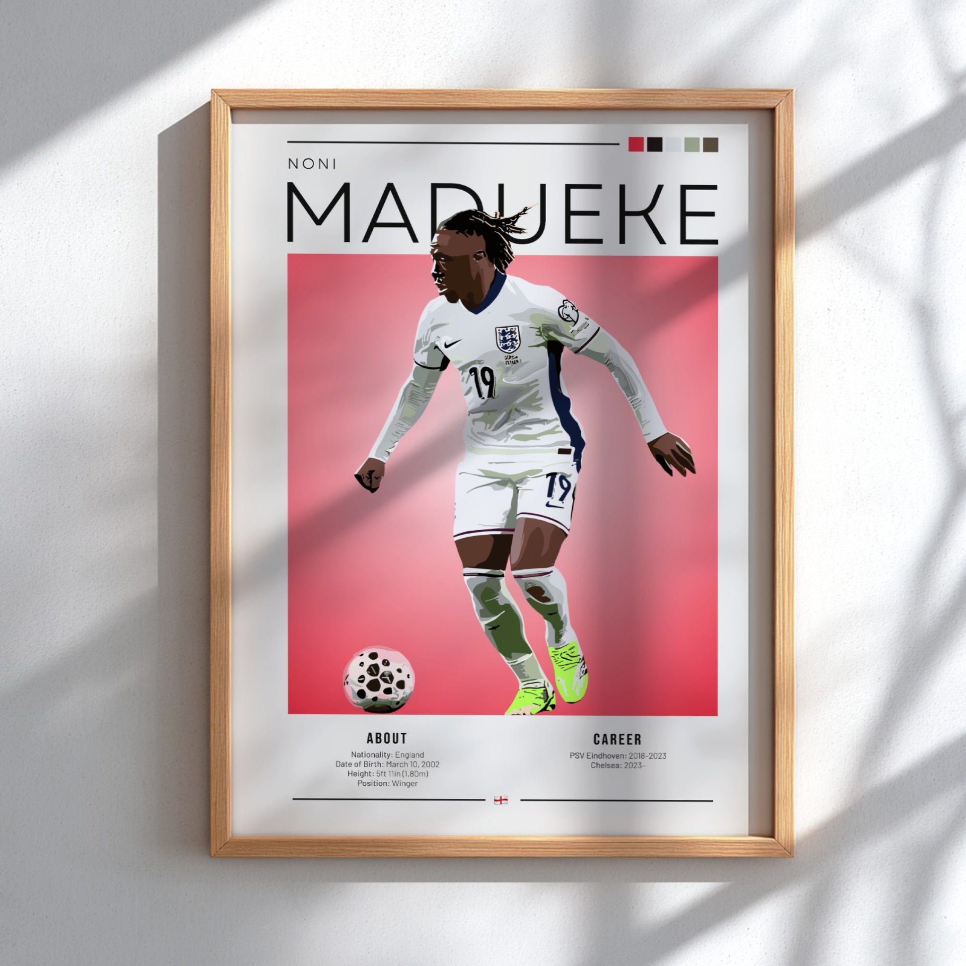 Noni Madueke poster featuring England National Team colors and dynamic action style