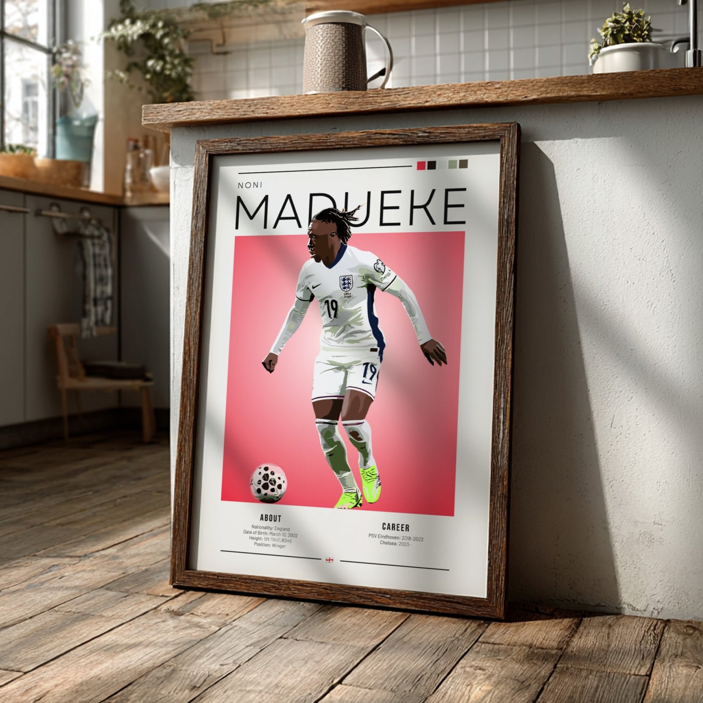 Noni Madueke poster featuring England National Team colors and dynamic action style